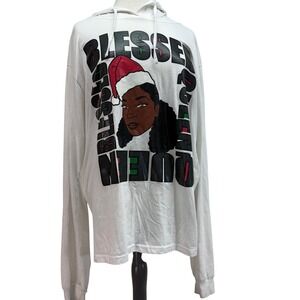 Blessed Queen Womens 3X Christmas Santa Hat Graphic Hoodie Long Sleeve Ivory